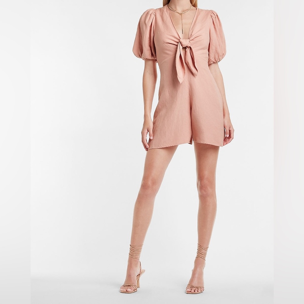Express romper puff sleeves linen blend fit V-neck with cut-out tie front rare